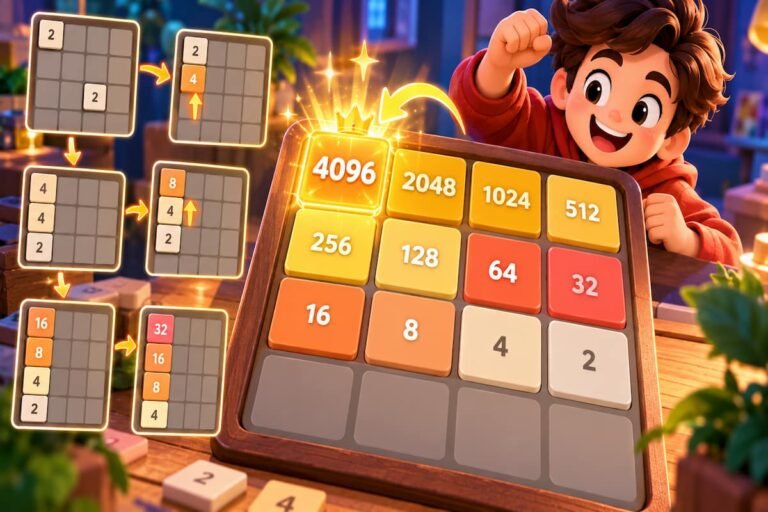 2048 winning strategy showing the corner method, tile stacking, and progression toward building a 4096 tile.