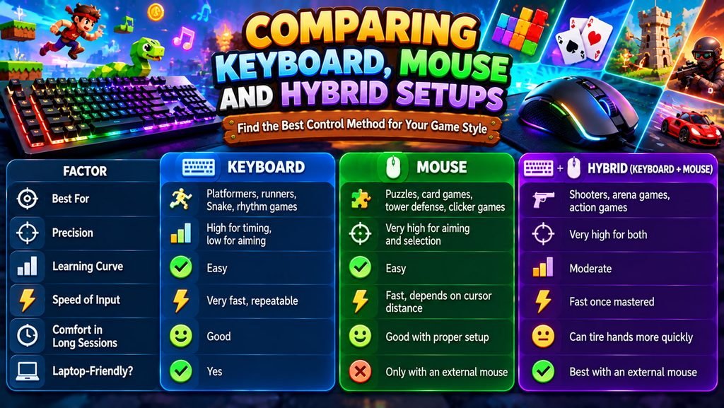 eyboard vs. mouse controls comparison showing gaming advantages such as keyboard movement and hotkeys versus mouse precision, aiming, interaction, and camera control.