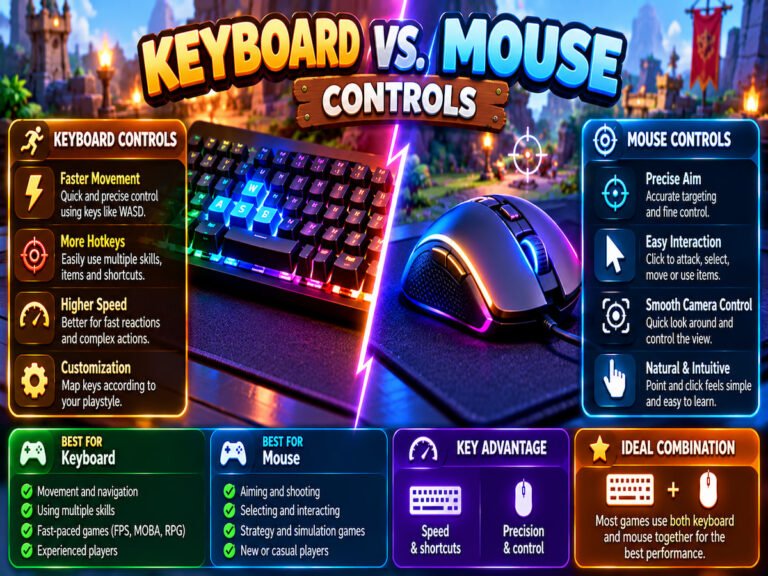 Keyboard vs. mouse controls comparison showing gaming advantages such as keyboard movement and hotkeys versus mouse precision, aiming, interaction, and camera control.