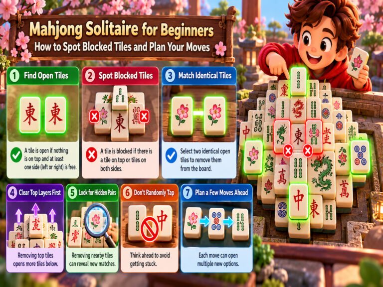 Mahjong Solitaire strategy comparison showing five common move choices: stack-top, row-end, bottom-layer, flower or season, and free pair matches