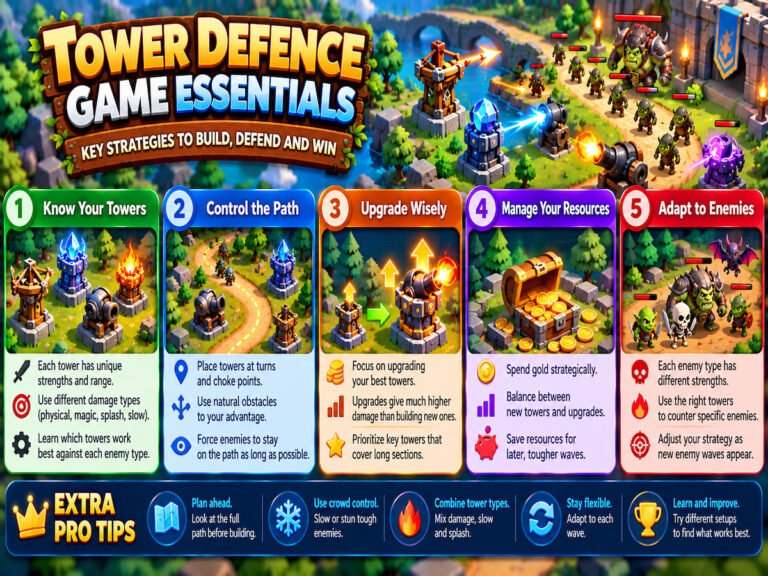 Tower Defence game strategy guide showing defensive towers, enemy waves, winding paths, upgrades, resource management, and tactical placement.