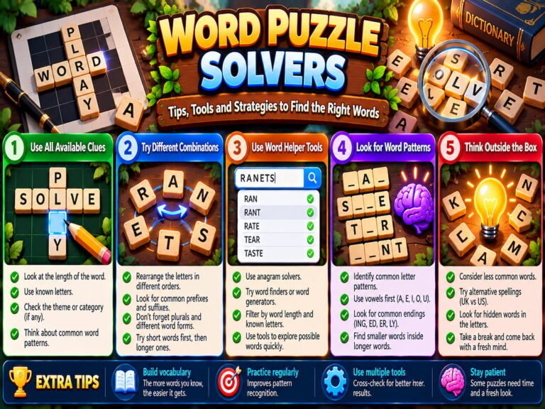 Word Puzzle Solvers guide featuring letter tiles, crossword grids, word patterns, anagram tools, and strategies for finding solutions.